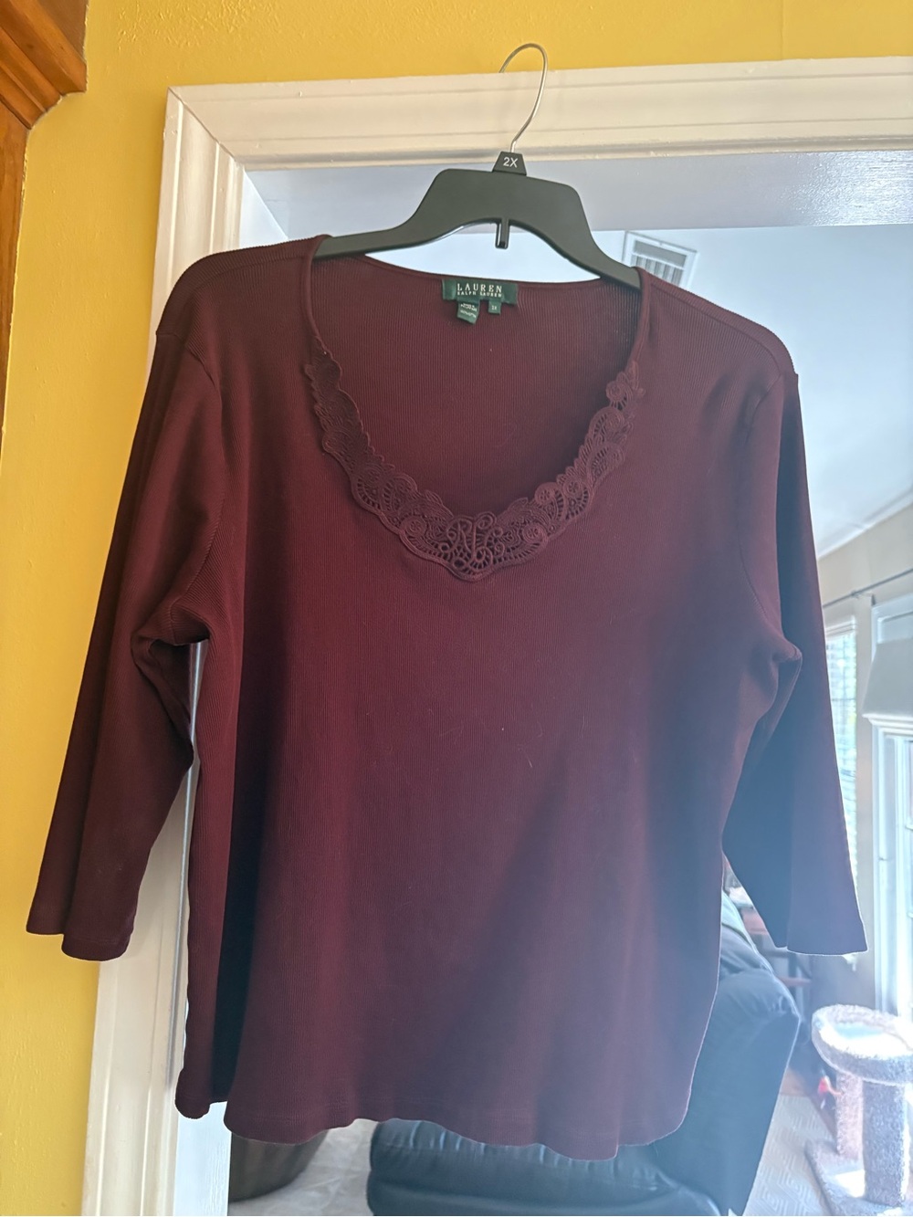 Lauren Ralph Lauren Burgundy Lace-Trim Long Sleeve Tee
